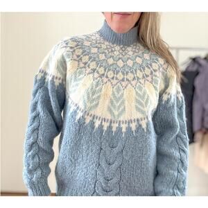 Vtg Wool Women's M Hand Knit Ski Sweater Blue Fair Isle MNZ Cottagecore Prairie